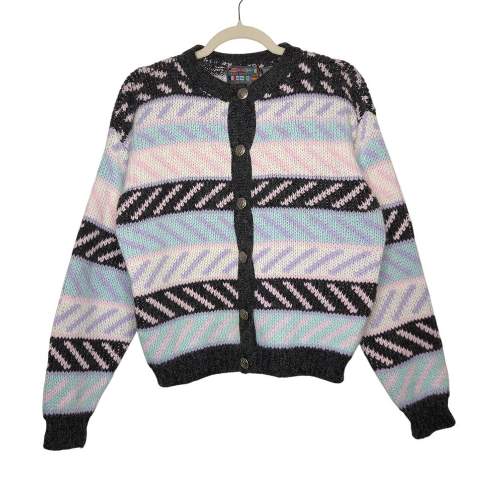 Vintage Paris Sport Club Pastel 80s Cardigan Sweater Pink Blue Medium y2k VTG